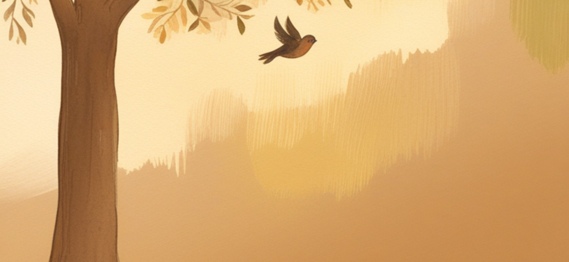 Illustrazione di un albero con radici profonde e un uccellino in volo, simbolo di una madre che sa dare radici e ali