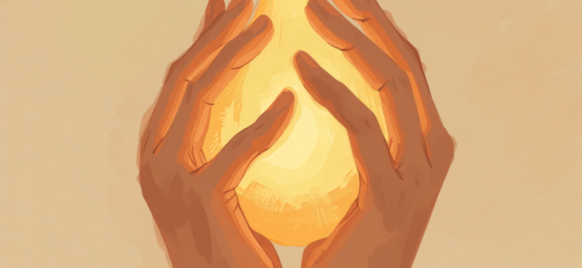 Illustrazione di mani che modellano dolcemente la luce, simbolo della sintesi creativa in psicoterapia