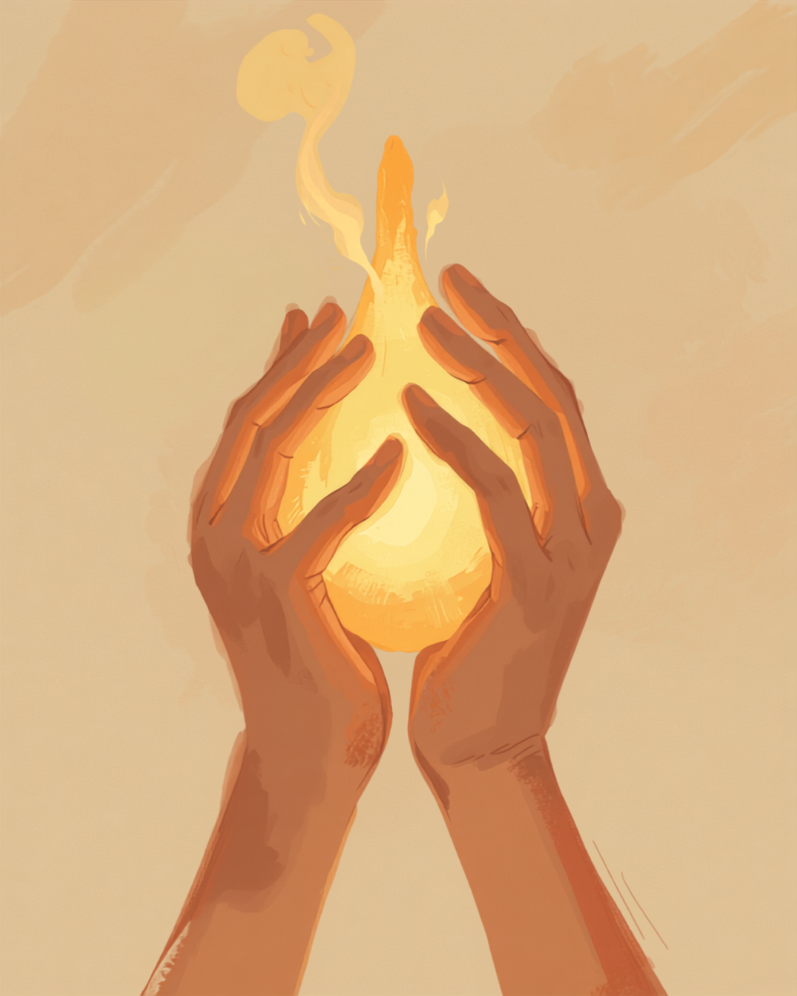 Illustrazione di mani che modellano dolcemente la luce, simbolo della sintesi creativa in psicoterapia