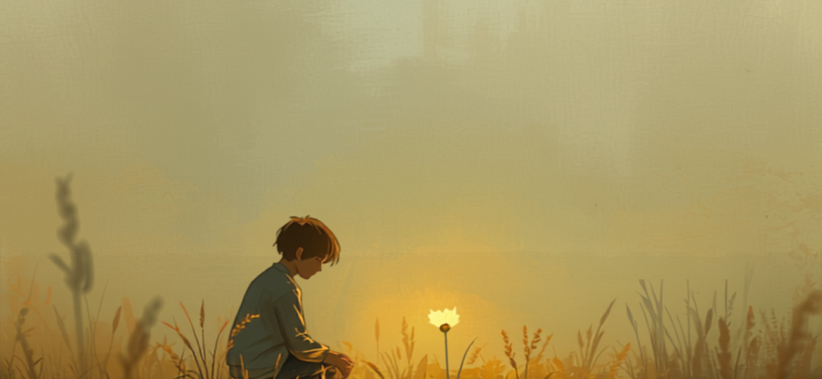 Illustrazione simbolica di una persona che nota un fiore luminoso in un prato, per riscoprire l'ovvio