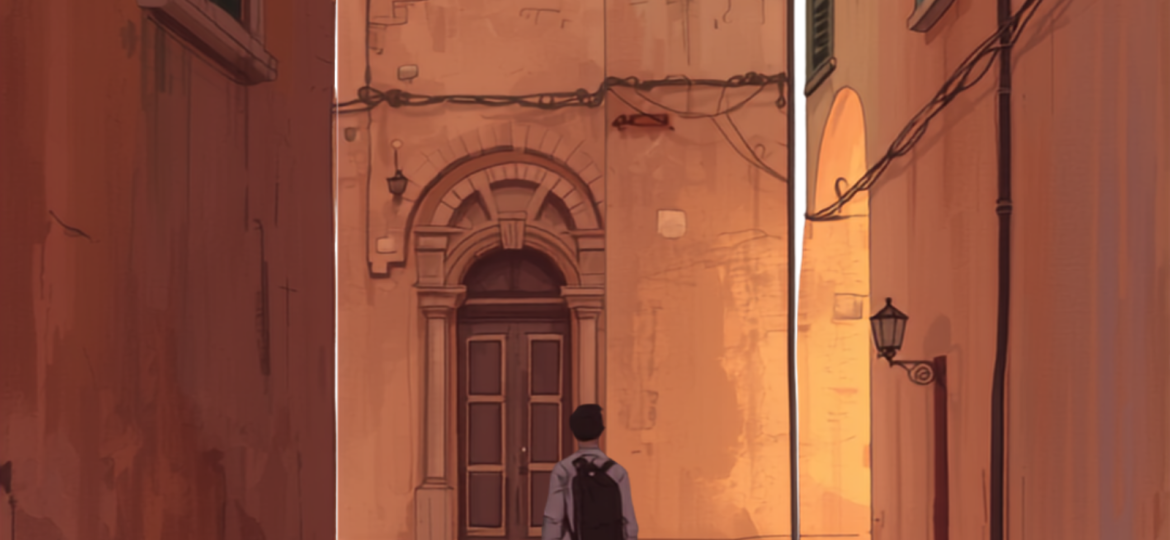 Illustrazione simbolica di una persona che cammina serena per le strade di Firenze verso uno psicologo per l'ansia