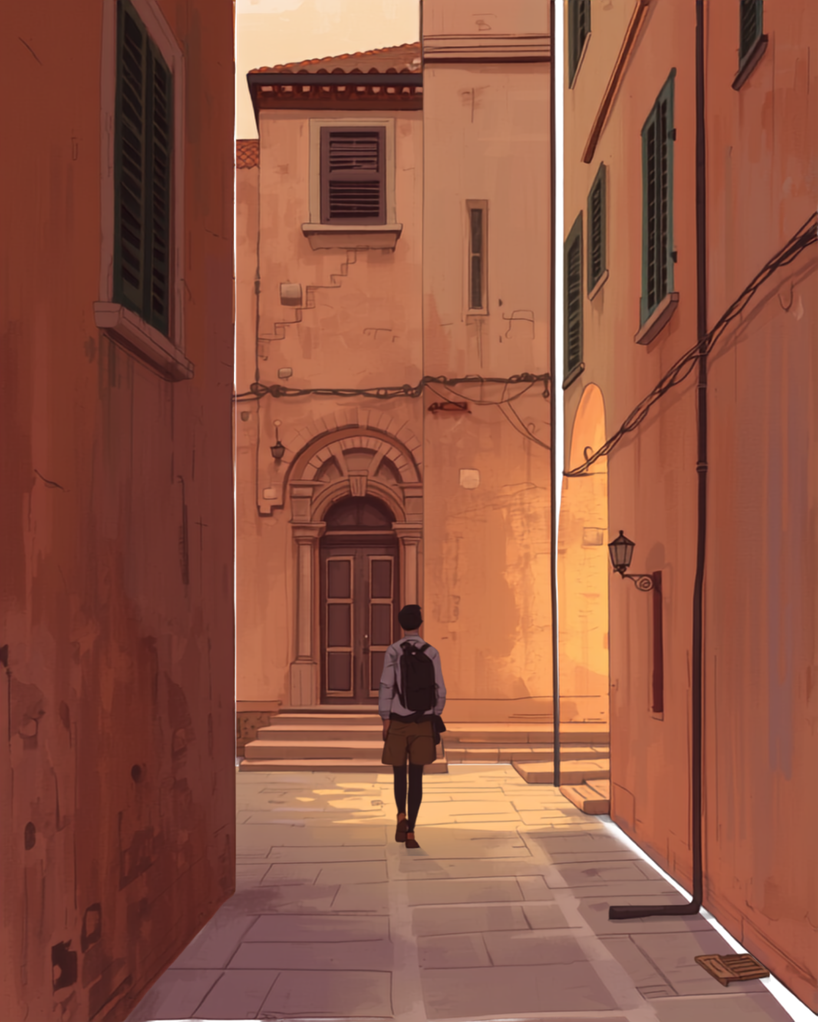 Illustrazione simbolica di una persona che cammina serena per le strade di Firenze verso uno psicologo per l'ansia