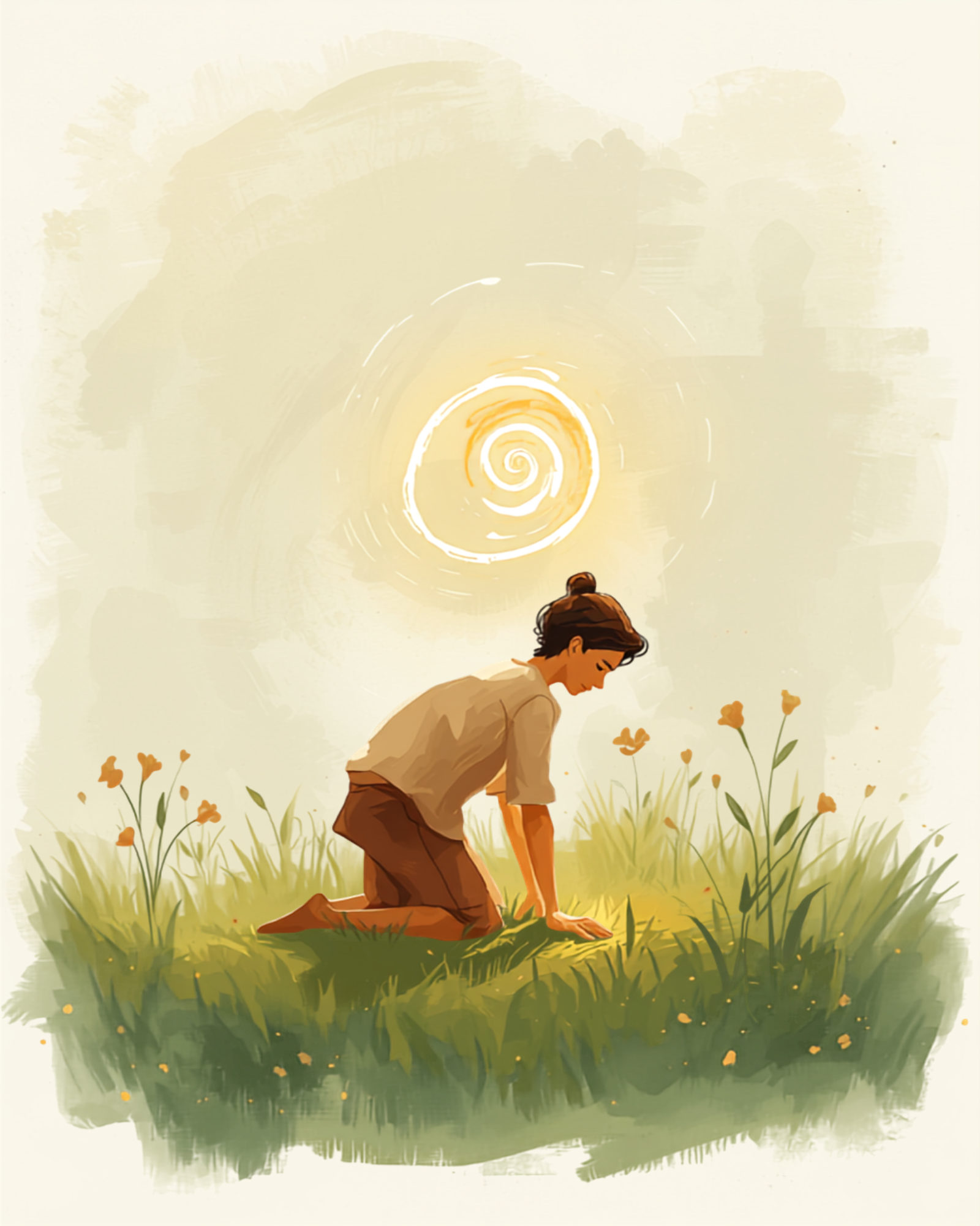 Illustrazione simbolica di una persona che si ancora a terra durante un attacco di panico, un gesto utile su cosa fare per calmarsi