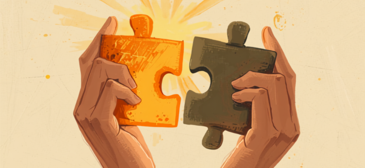 Illustrazione simbolica della dissonanza cognitiva, con una persona che cerca di far combaciare due pezzi di puzzle opposti