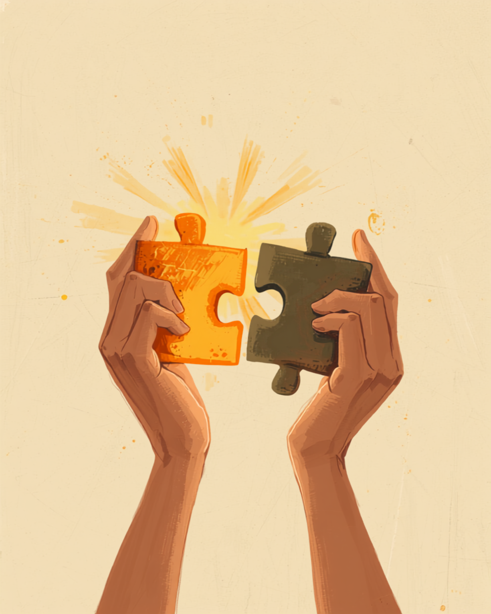 Illustrazione simbolica della dissonanza cognitiva, con una persona che cerca di far combaciare due pezzi di puzzle opposti
