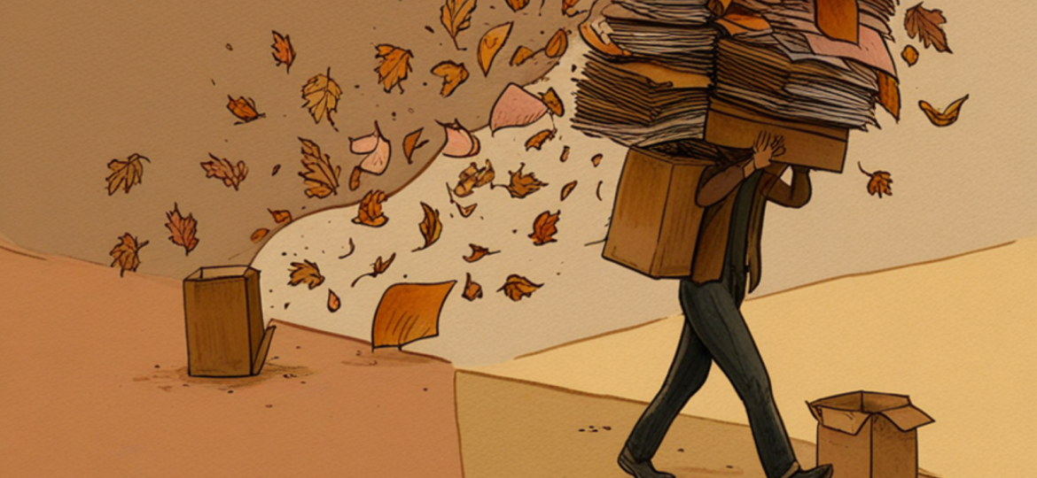 Illustrazione simbolica dello stress da lavoro, una persona che porta una pila di documenti traboccante con fogli che volano via
