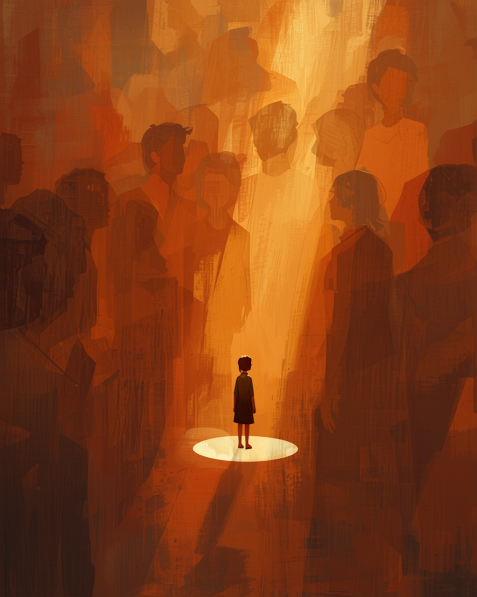 Illustrazione simbolica dell'ansia sociale: una figura al bordo di una stanza affollata circondata da forme luminose sovrapposte, isolamento in mezzo alla folla