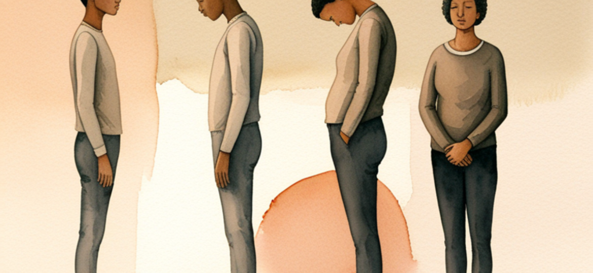 Arroganza, autostima e assertività: illustrazione simbolica di tre figure con posture diverse, una troppo eretta e distante, una curva su se stessa, una centrata e radicata