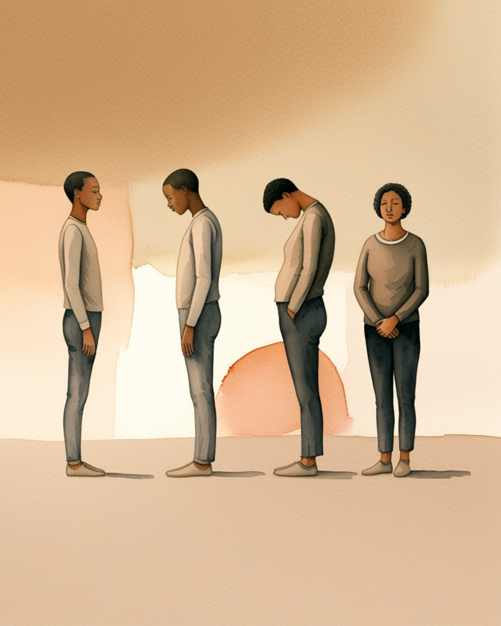 Arroganza, autostima e assertività: illustrazione simbolica di tre figure con posture diverse, una troppo eretta e distante, una curva su se stessa, una centrata e radicata