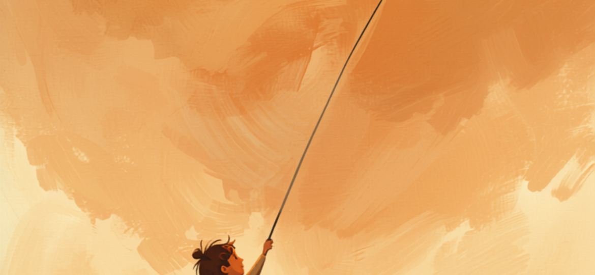 Bambina che stringe il filo di un aquilone nel cielo, illustrazione simbolica sull'attaccamento ansioso