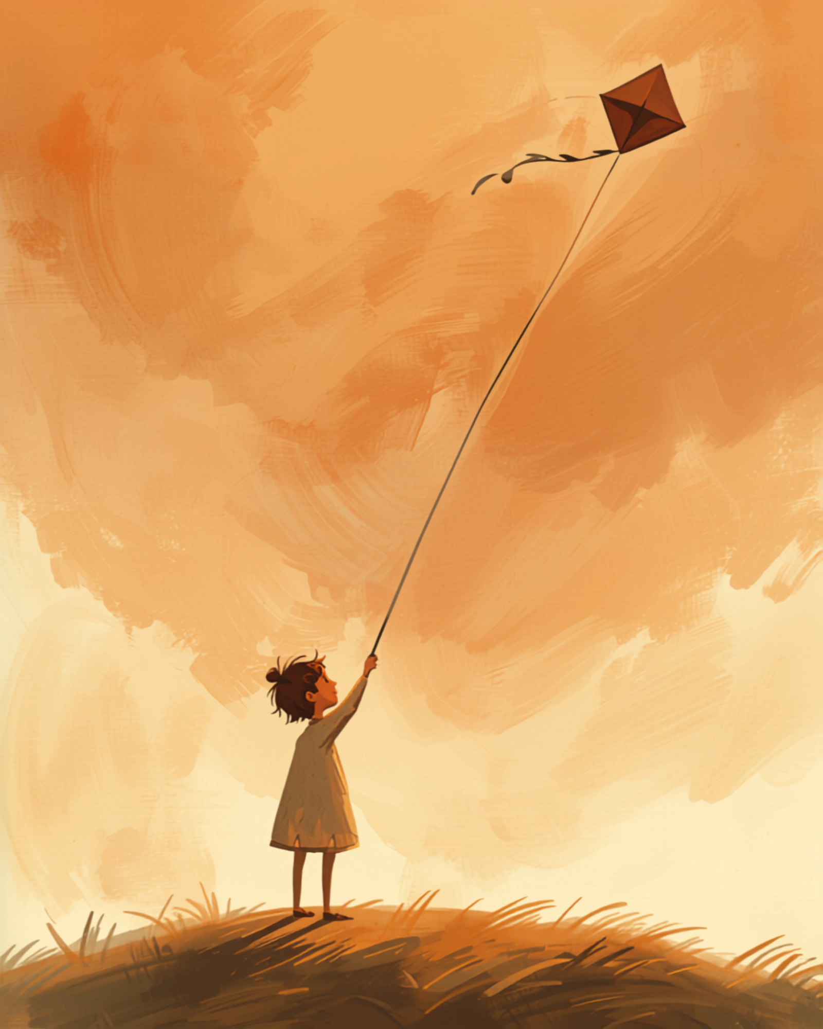 Bambina che stringe il filo di un aquilone nel cielo, illustrazione simbolica sull'attaccamento ansioso