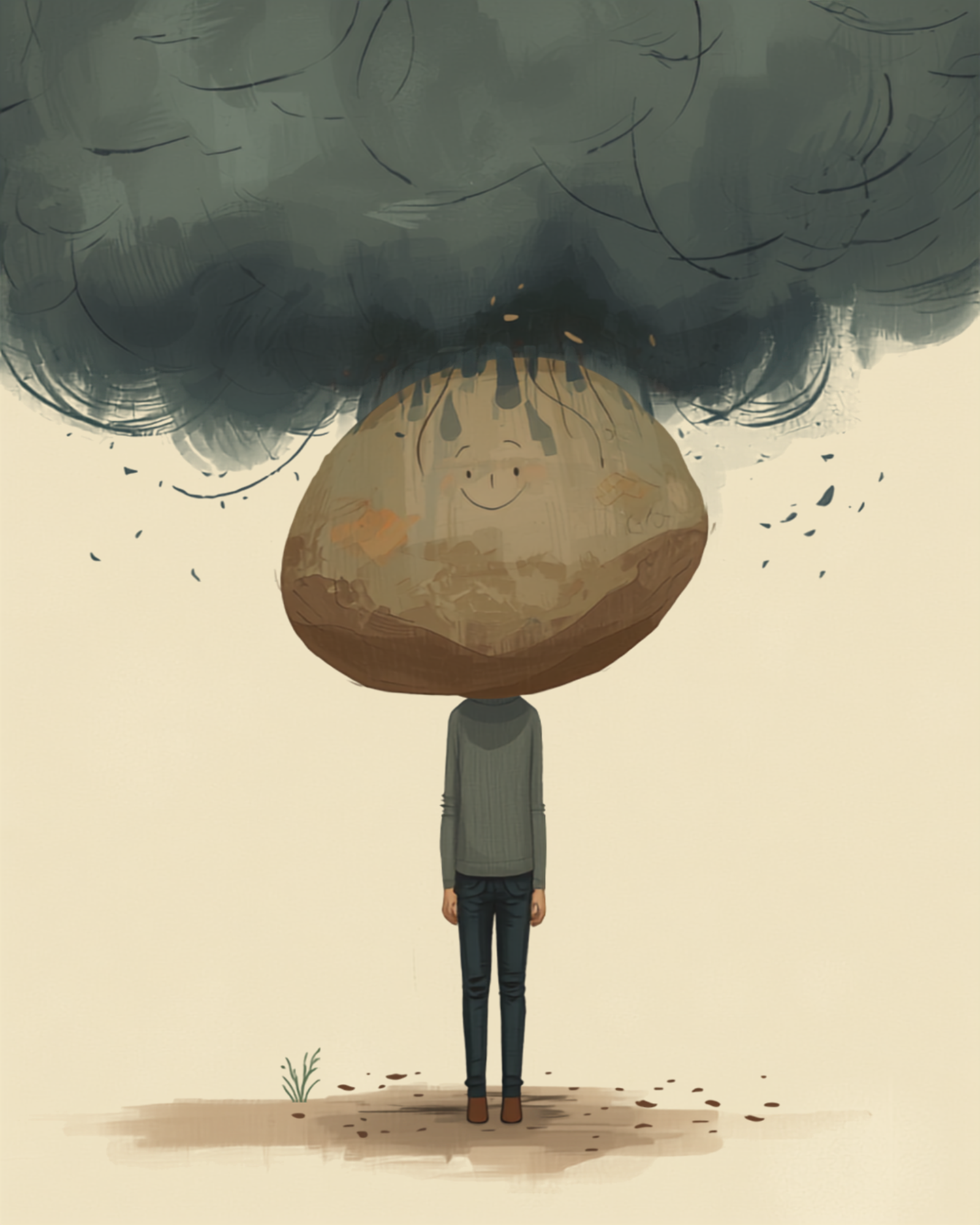 Figura sovrastata da una nuvola tempestosa e da una pietra pesante, simbolo della depressione ansiosa e dei suoi sintomi fisici