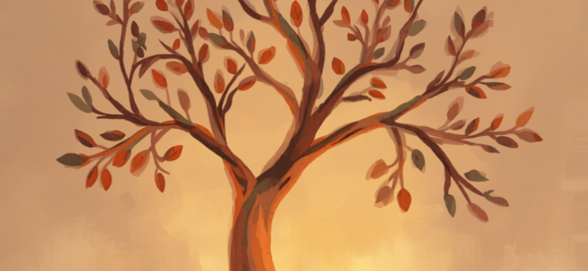Illustrazione simbolica della depressione ereditaria: un albero genealogico con un ramo più tenue e in ombra rispetto agli altri