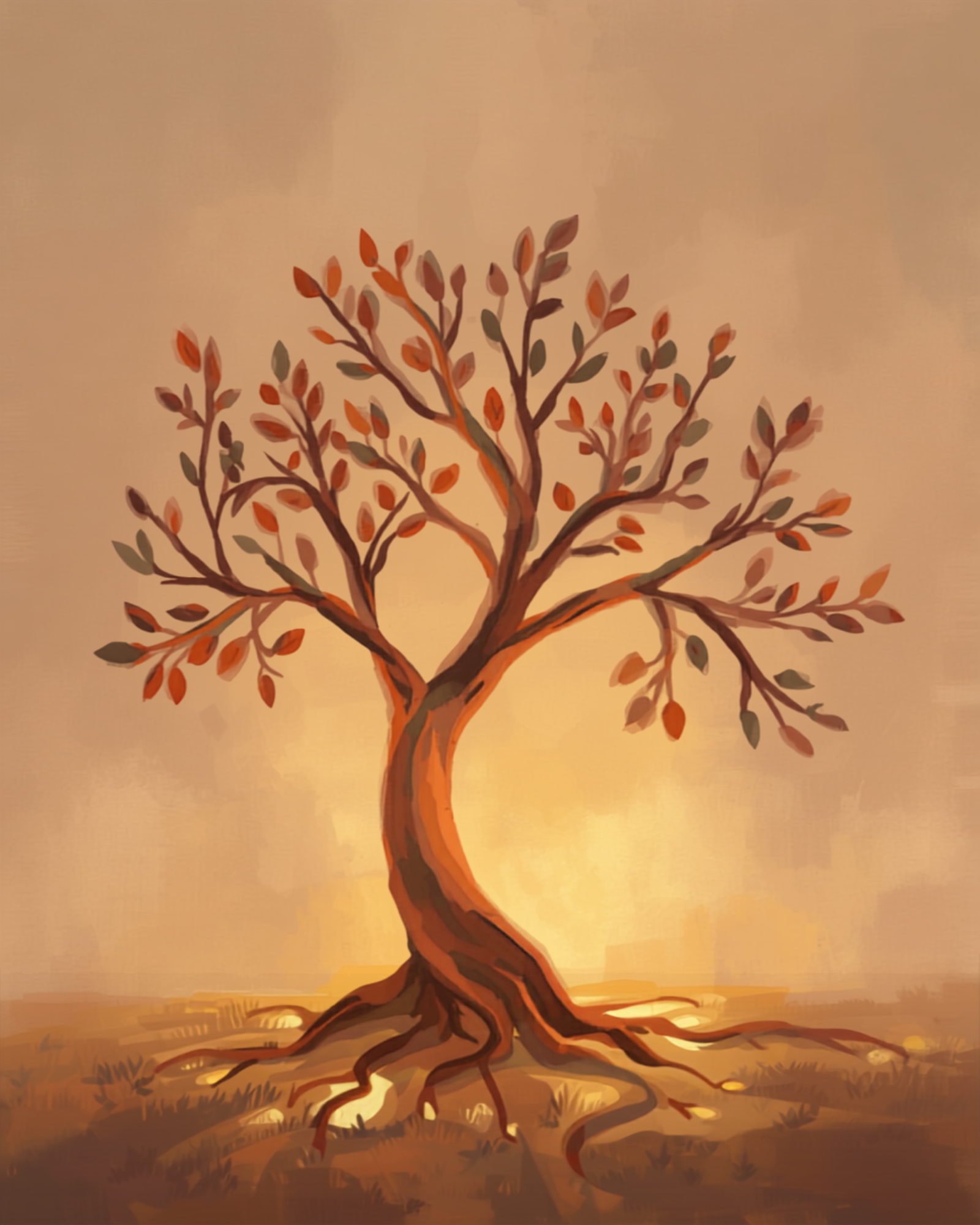 Illustrazione simbolica della depressione ereditaria: un albero genealogico con un ramo più tenue e in ombra rispetto agli altri