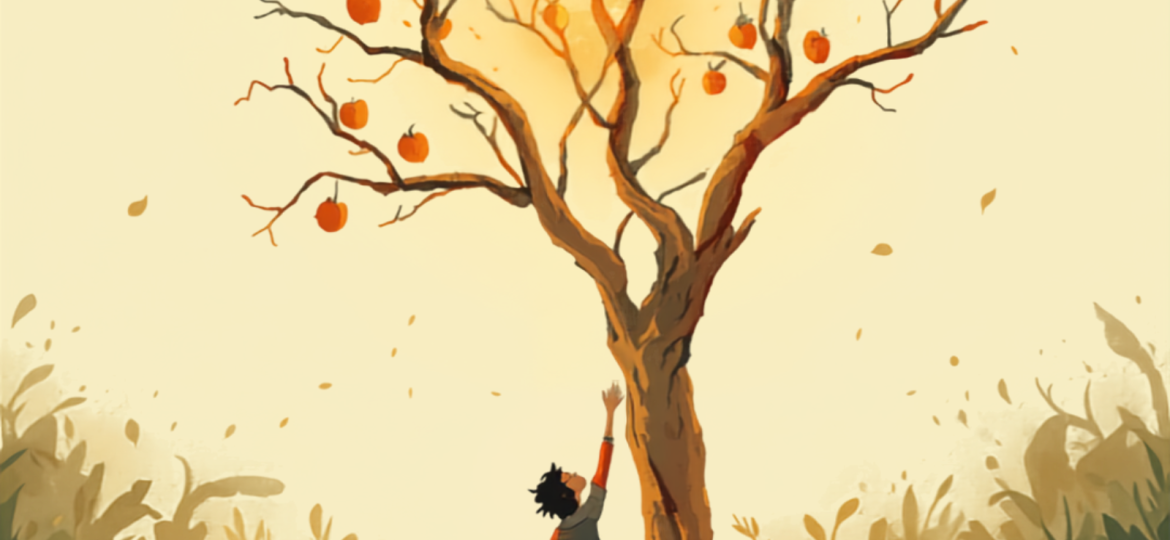 Edonismo: illustrazione simbolica di una persona che si protende verso un albero da frutto luminoso ma appassito, metafora del piacere immediato contro il nutrimento duraturo