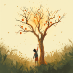 Edonismo: illustrazione simbolica di una persona che si protende verso un albero da frutto luminoso ma appassito, metafora del piacere immediato contro il nutrimento duraturo