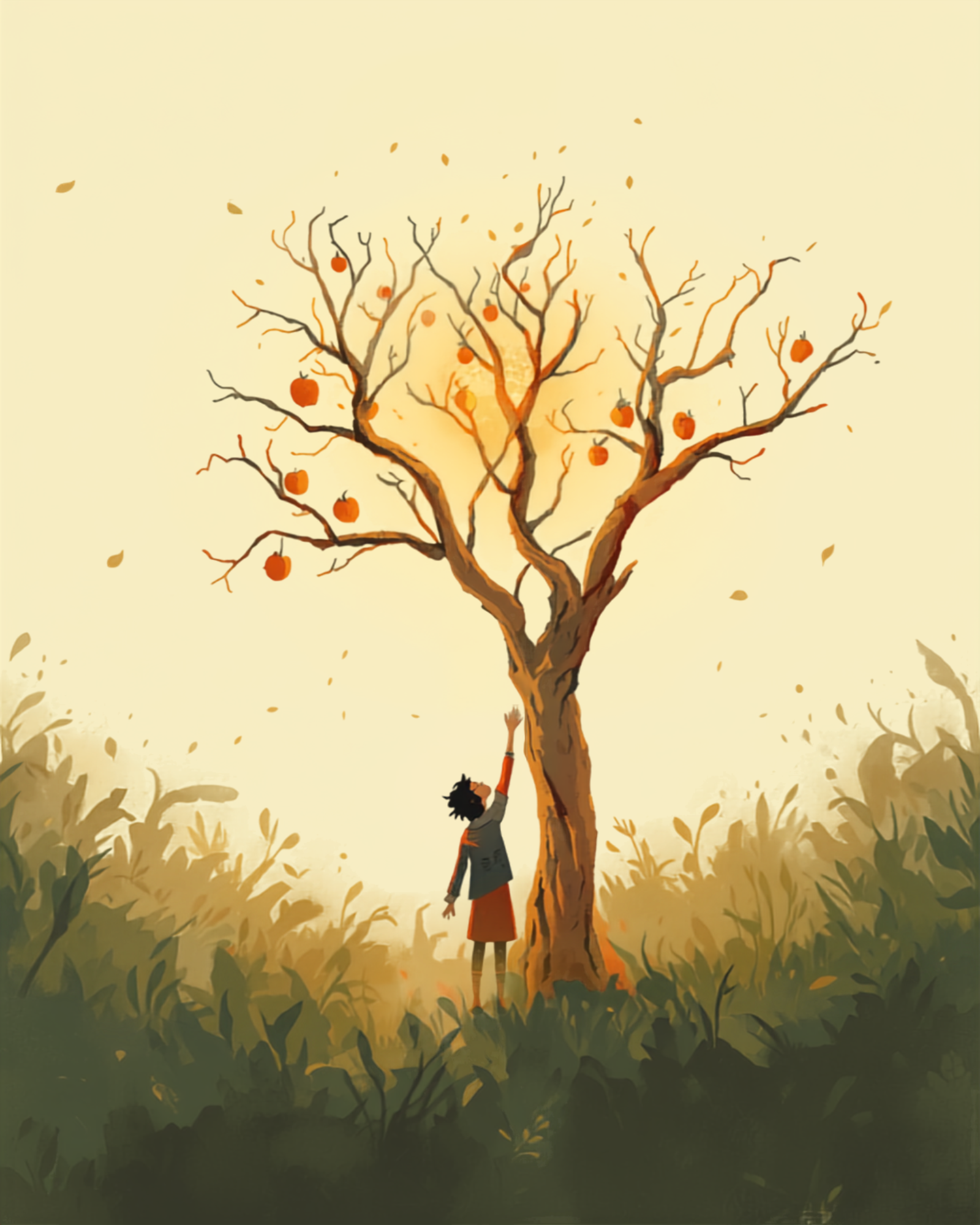 Edonismo: illustrazione simbolica di una persona che si protende verso un albero da frutto luminoso ma appassito, metafora del piacere immediato contro il nutrimento duraturo