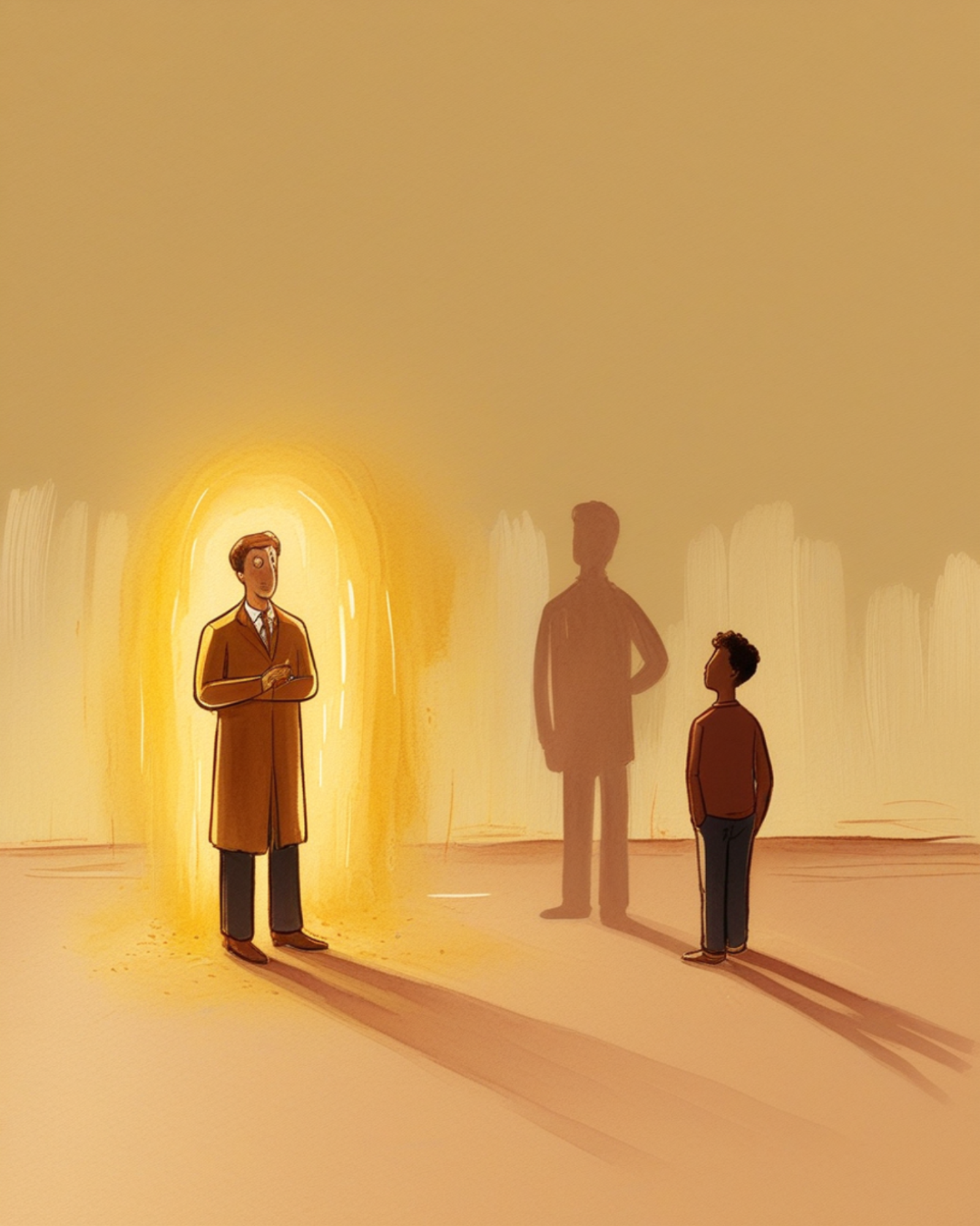 Effetto Pigmalione (o Rosenthal): illustrazione simbolica di un insegnante la cui ombra proiettata su uno studente si trasforma in una sagoma più alta e sicura di sé, metafora di come le aspettative cambiano i risultati