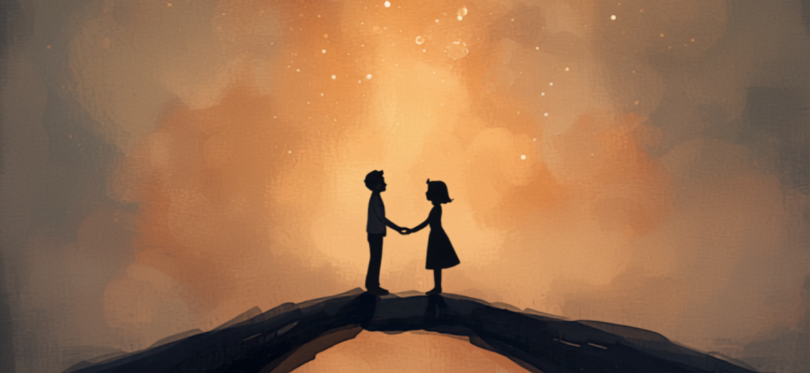 Anima gemella: illustrazione simbolica di due sagome che si protendono l'una verso l'altra attraverso un ponte di stelle, rappresentazione del mito romantico secondo la psicologia