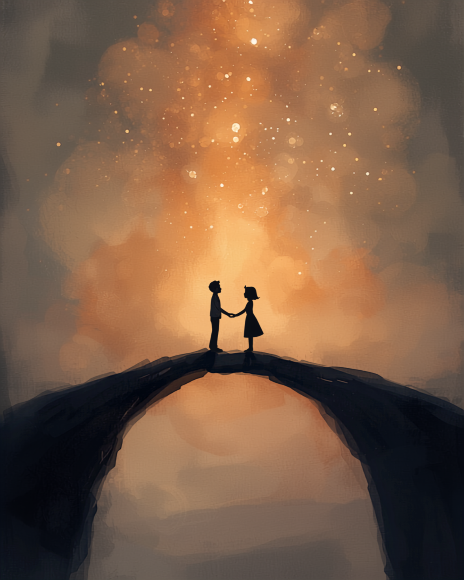 Anima gemella: illustrazione simbolica di due sagome che si protendono l'una verso l'altra attraverso un ponte di stelle, rappresentazione del mito romantico secondo la psicologia