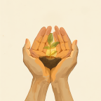 Genitore sufficientemente buono: illustrazione simbolica di due mani calde che racchiudono delicatamente un piccolo germoglio luminoso, metafora del concetto di Winnicott