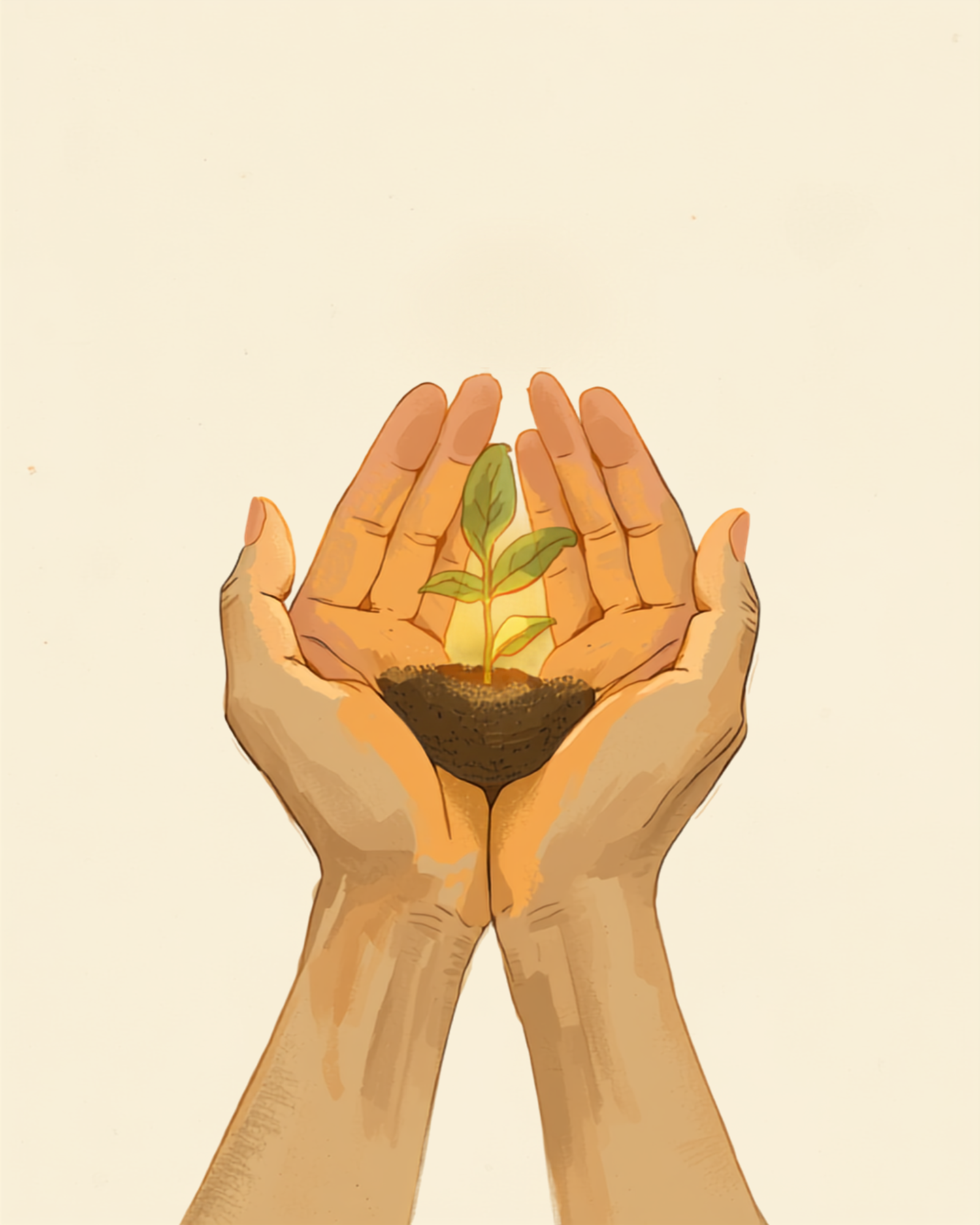 Genitore sufficientemente buono: illustrazione simbolica di due mani calde che racchiudono delicatamente un piccolo germoglio luminoso, metafora del concetto di Winnicott