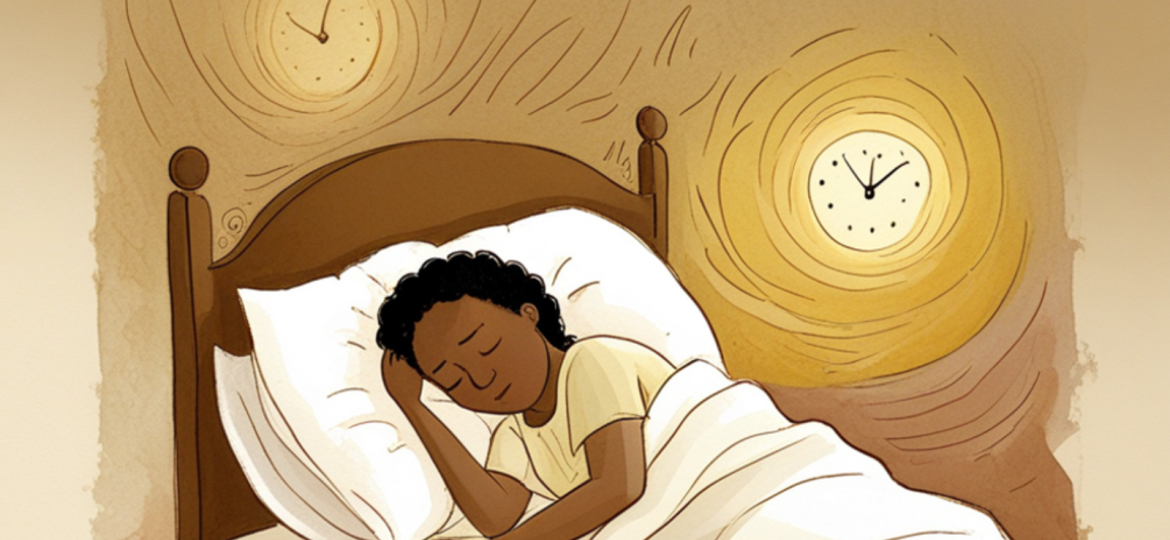 Insonnia: illustrazione simbolica di una persona sdraiata sveglia nel letto mentre la stanza si riempie di forme di orologio che turbinano nella luce della luna