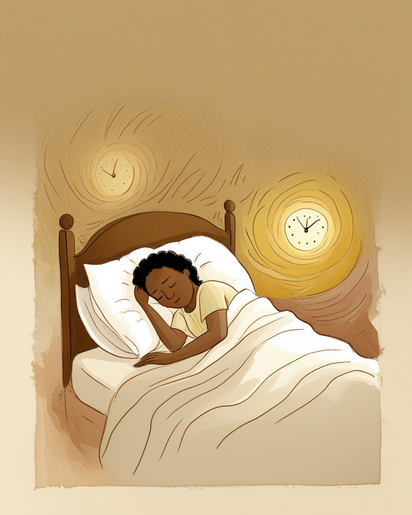 Insonnia: illustrazione simbolica di una persona sdraiata sveglia nel letto mentre la stanza si riempie di forme di orologio che turbinano nella luce della luna