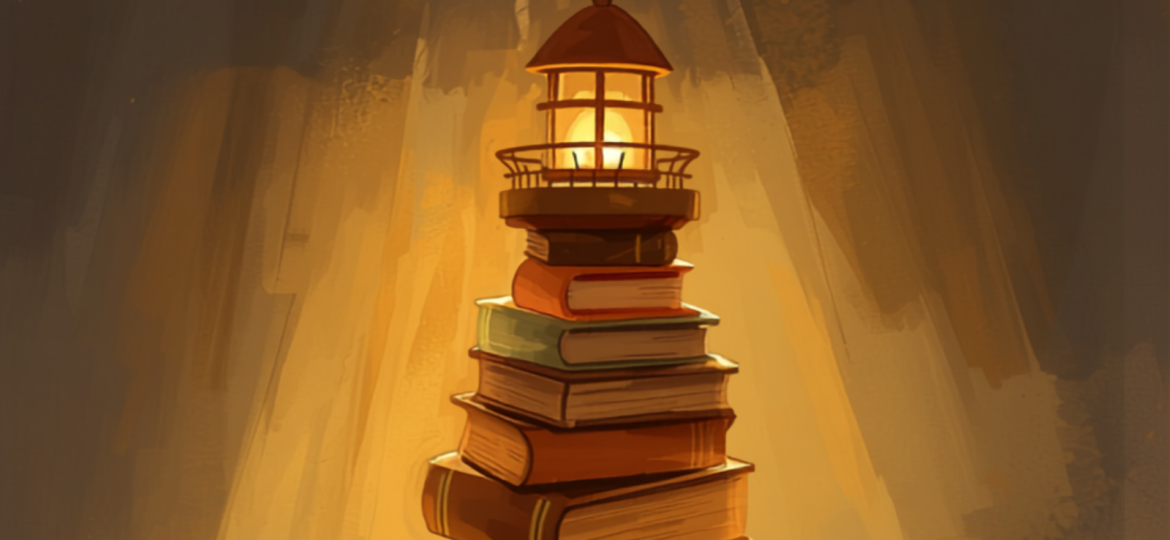 Pila di libri luminosi come un piccolo faro, illustrazione simbolica sui libri di psicologia da leggere