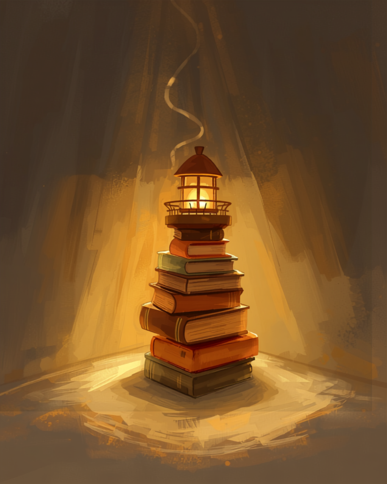Pila di libri luminosi come un piccolo faro, illustrazione simbolica sui libri di psicologia da leggere