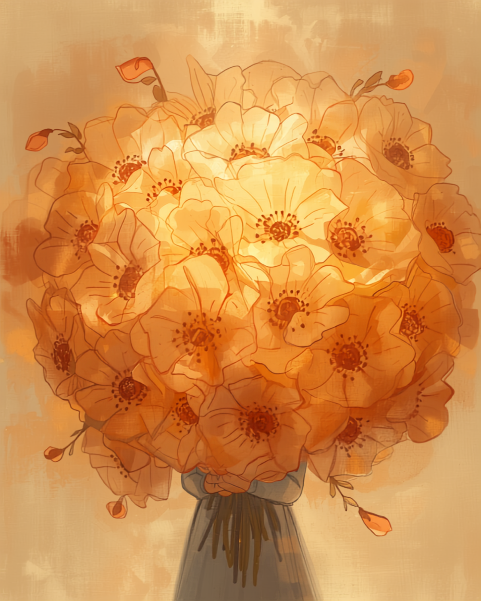 Illustrazione simbolica del love bombing: un enorme mazzo di fiori luminosi che avvolge e sovrasta una piccola figura