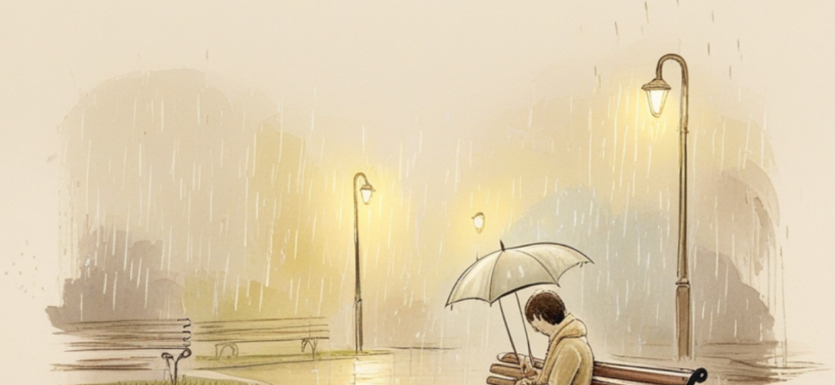 Nevroticismo: illustrazione simbolica di una persona seduta su una panchina sotto una leggera pioggia, riparata da un ombrello troppo piccolo, metafora del tratto di personalità nevroticismo