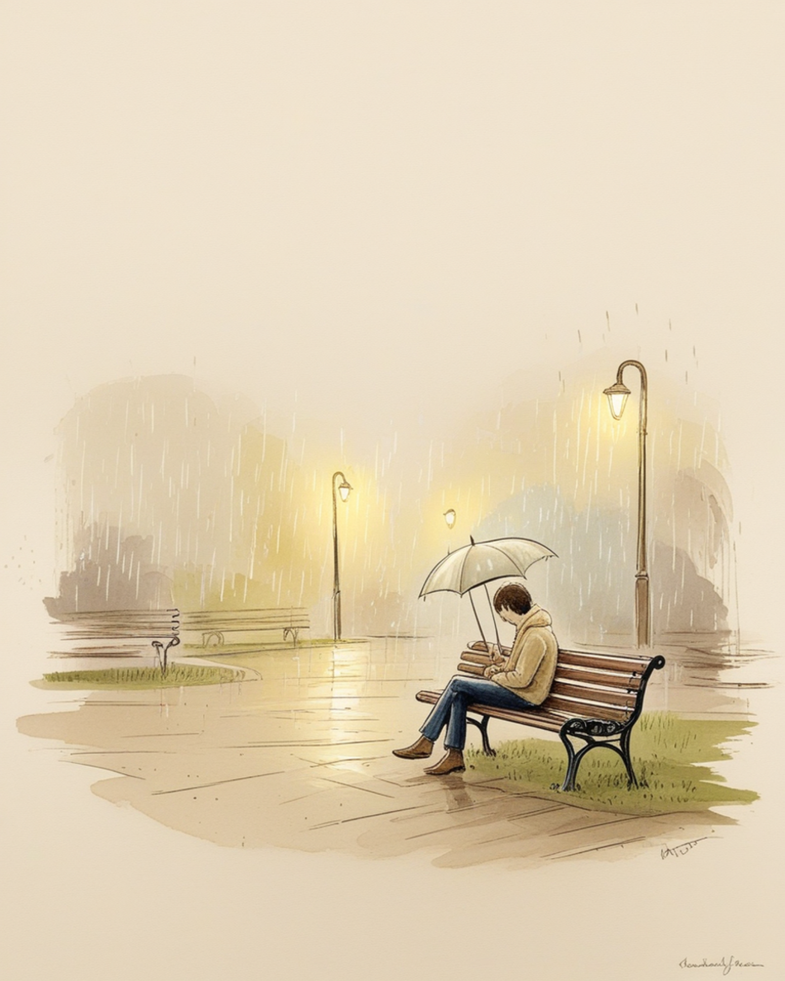 Nevroticismo: illustrazione simbolica di una persona seduta su una panchina sotto una leggera pioggia, riparata da un ombrello troppo piccolo, metafora del tratto di personalità nevroticismo