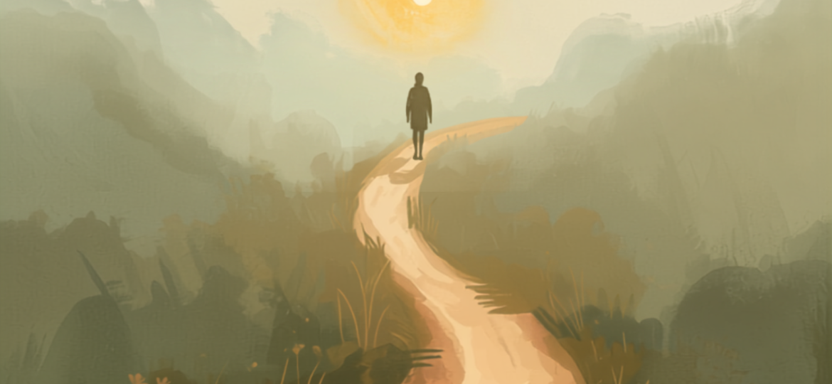 Se incontri il Buddha uccidilo: illustrazione simbolica di un sentiero solitario con una figura guida che si dissolve dolcemente nella luce, metafora del lasciar andare una guida idealizzata in psicoterapia