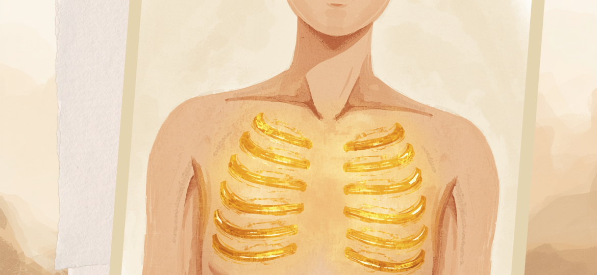 Petto illuminato da linee dorate di tensione, simbolo dei sintomi fisici dell'ansia come il dolore al petto