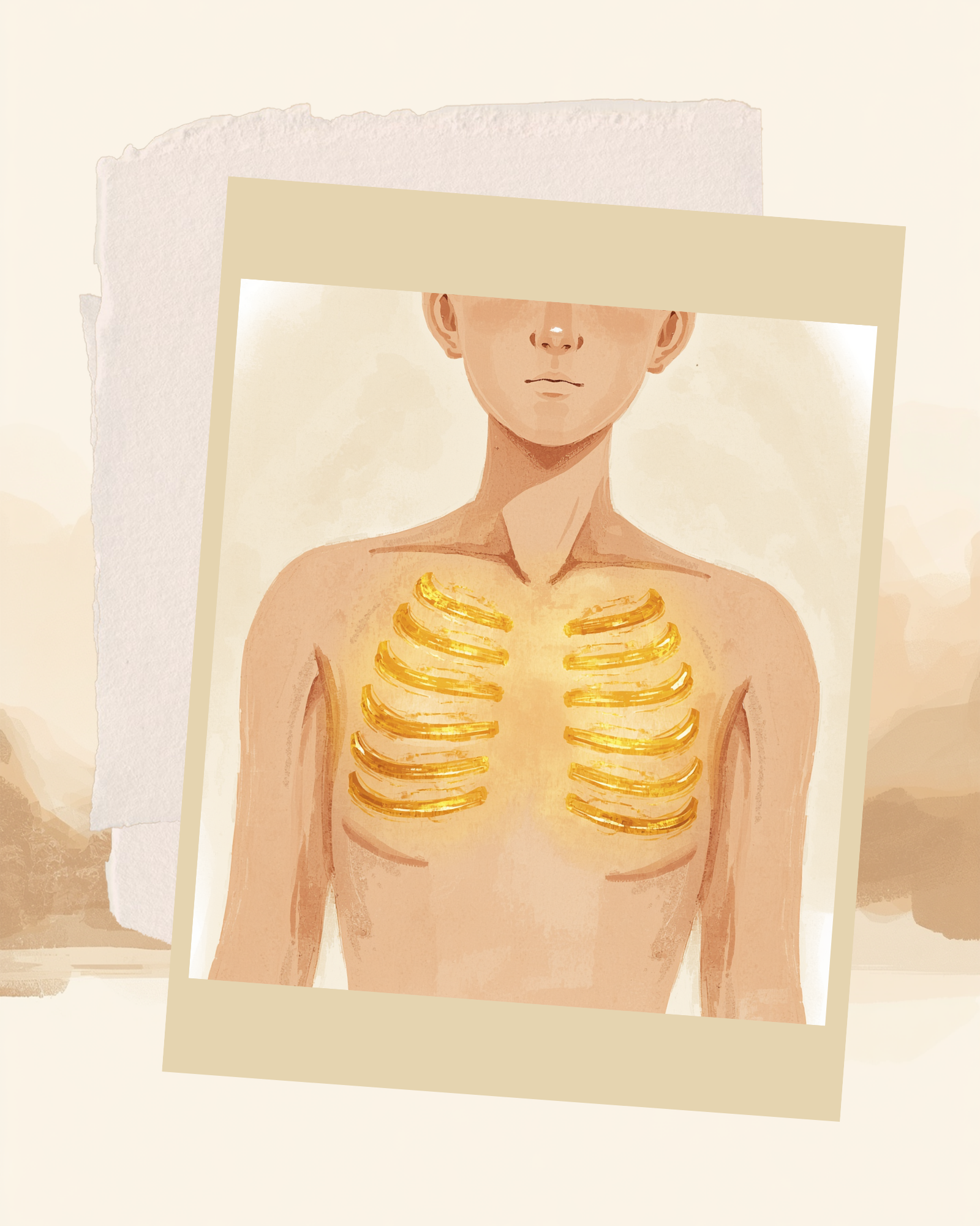 Petto illuminato da linee dorate di tensione, simbolo dei sintomi fisici dell'ansia come il dolore al petto