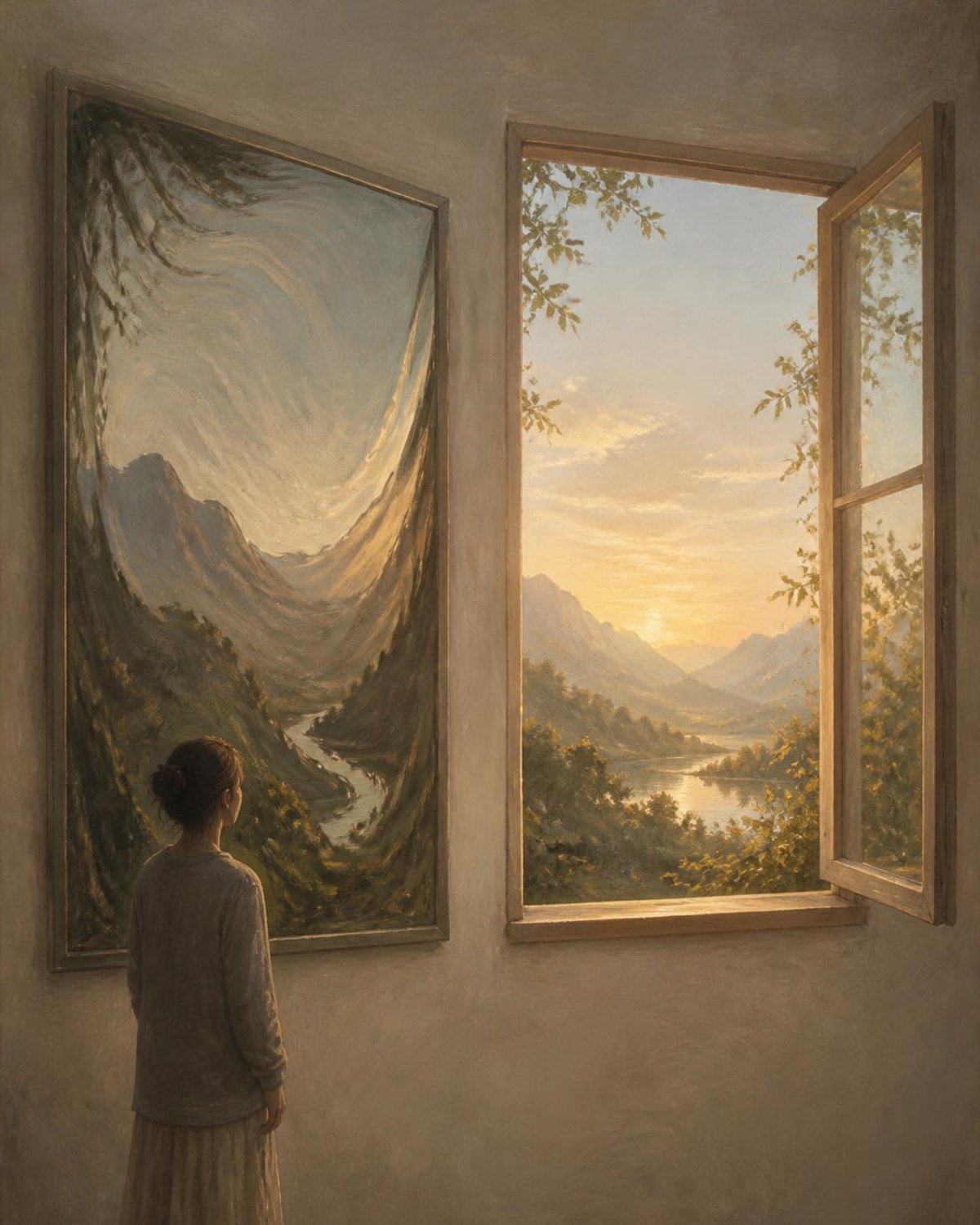 Distorsioni cognitive: illustrazione simbolica di una figura che guarda il paesaggio attraverso un vetro deformato