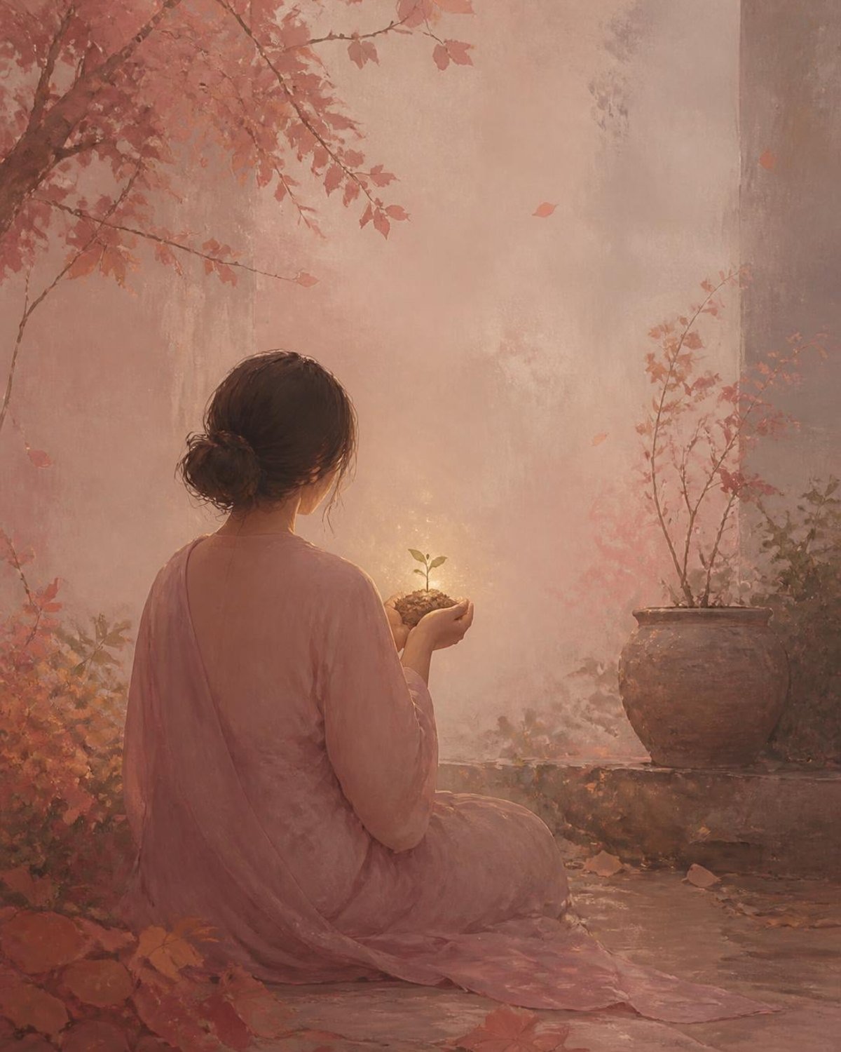 Impatto psicologico del tumore al seno: illustrazione simbolica di una donna di spalle in un giardino d'autunno con un germoglio luminoso tra le mani