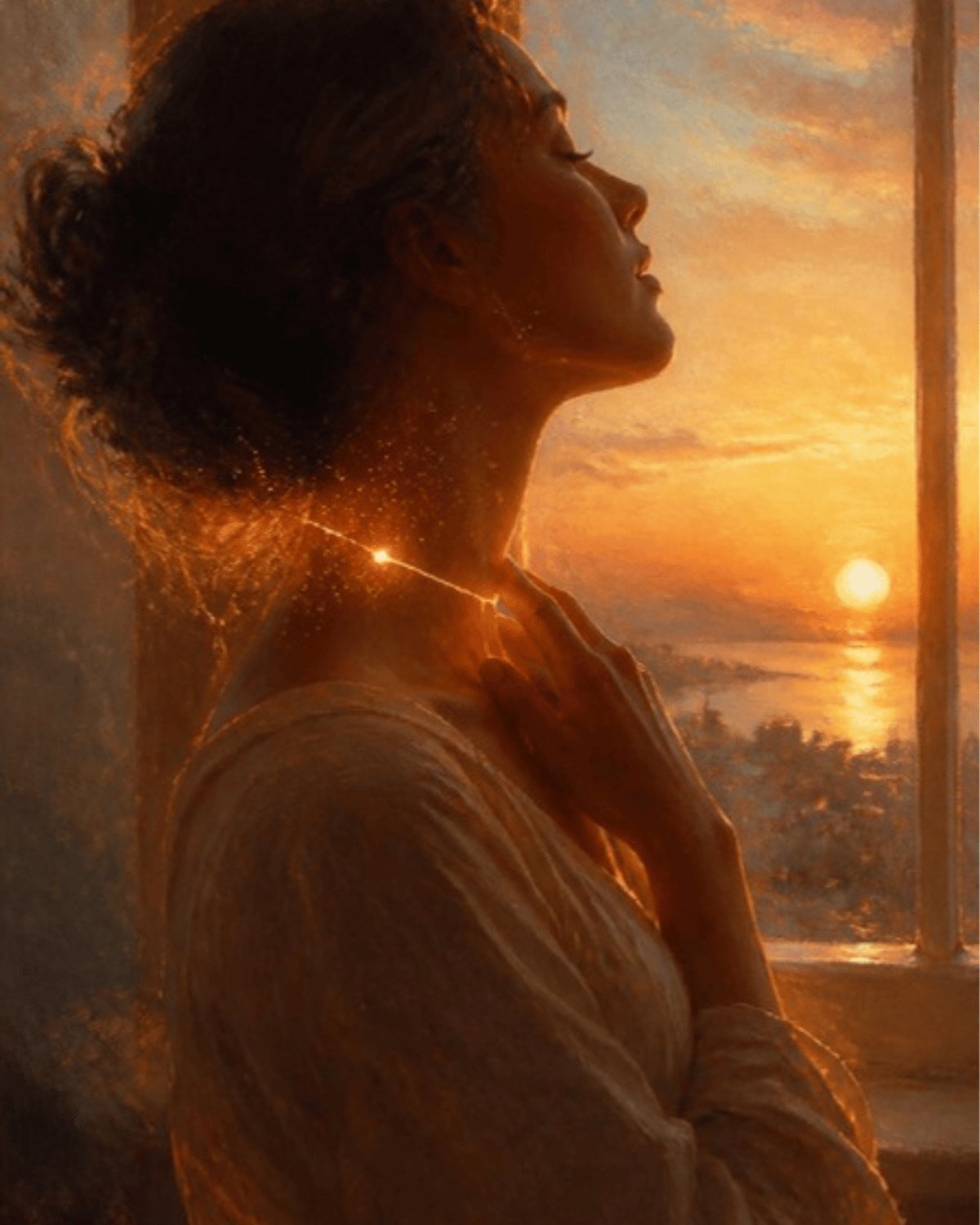 Nodo alla gola significato psicologico: illustrazione di una donna con la mano sul collo vicino a una finestra al tramonto