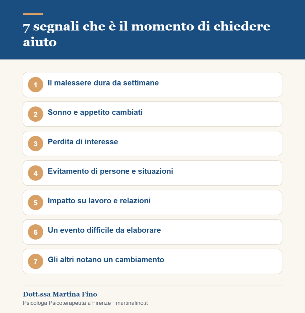 7 segnali per capire quando chiedere aiuto psicologico: durata, sonno, interesse, evitamento, relazioni