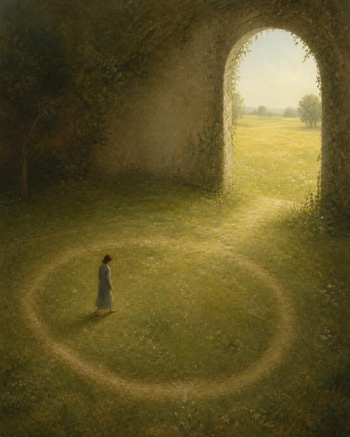 Ruminazione: illustrazione simbolica di una figura che cammina in cerchio su un sentiero tracciato