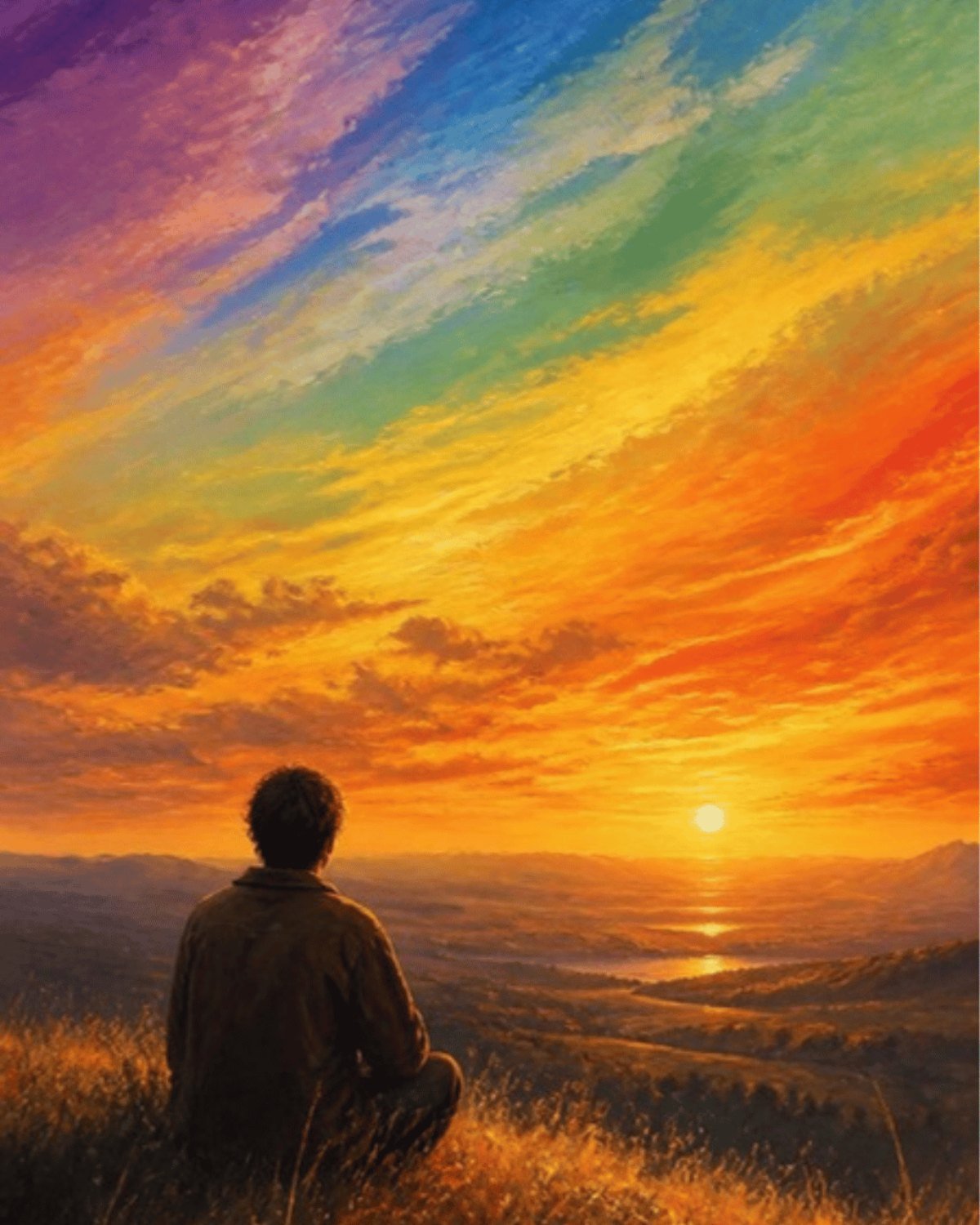 Significato psicologico dei colori: illustrazione di una persona su una collina davanti a un cielo con bande di colori diversi