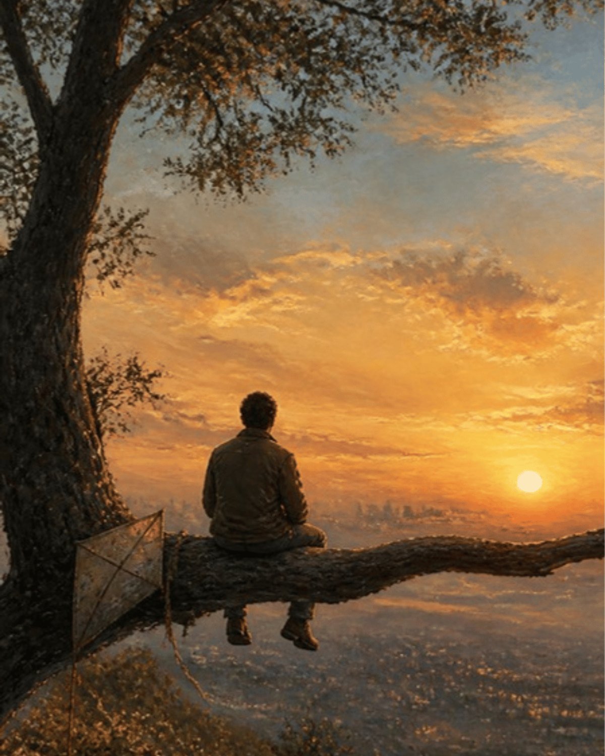 Sindrome di Peter Pan: illustrazione di un uomo adulto seduto su un ramo al tramonto che guarda la città in lontananza