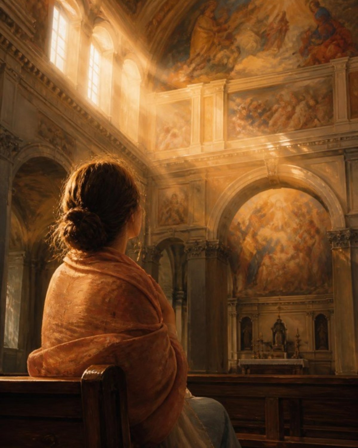 Sindrome di Stendhal: illustrazione di una viaggiatrice commossa davanti agli affreschi di un'antica basilica