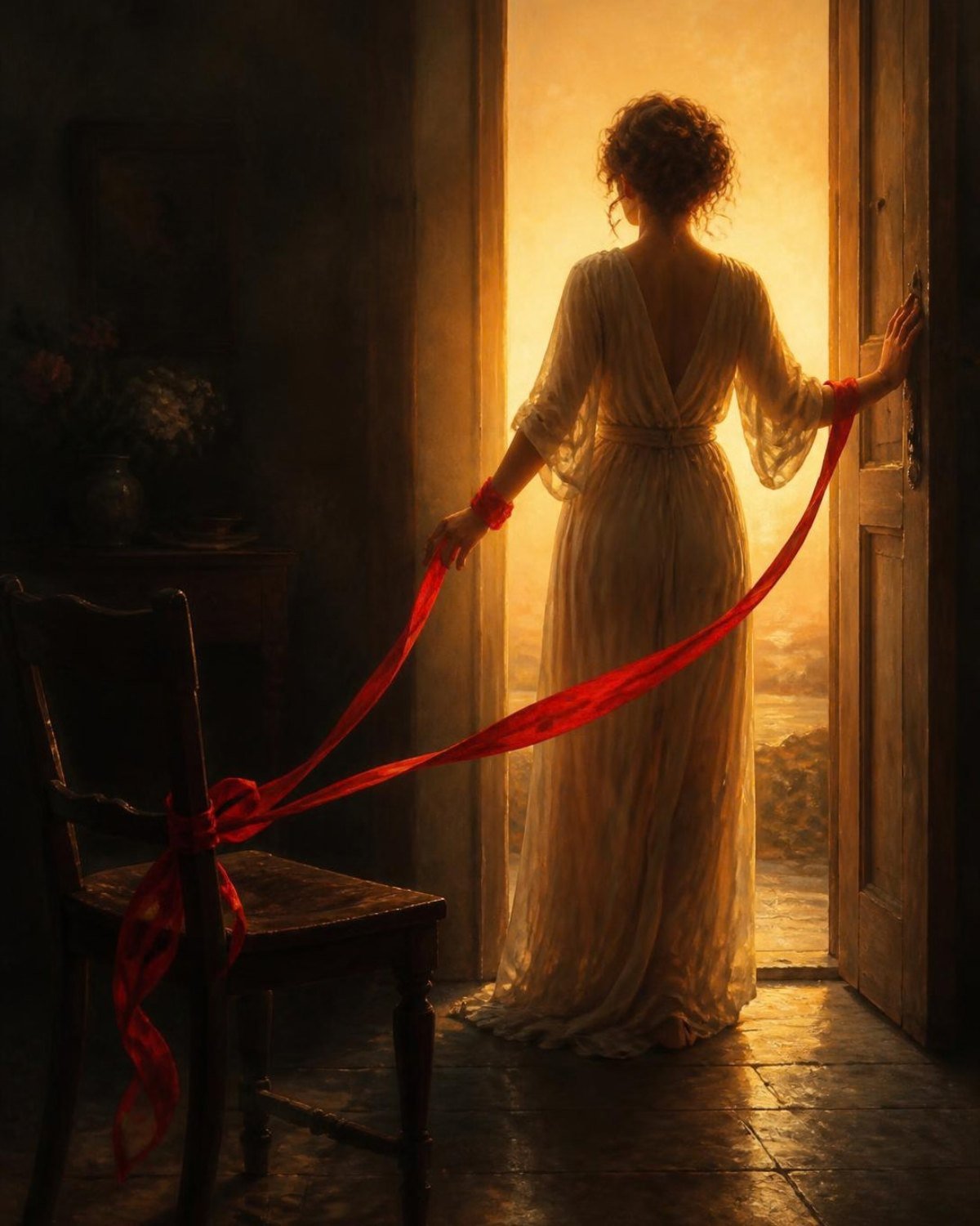 Sindrome di Stoccolma: illustrazione di una donna sulla soglia verso la luce, legata da un nastro rosso a una sedia nella stanza buia