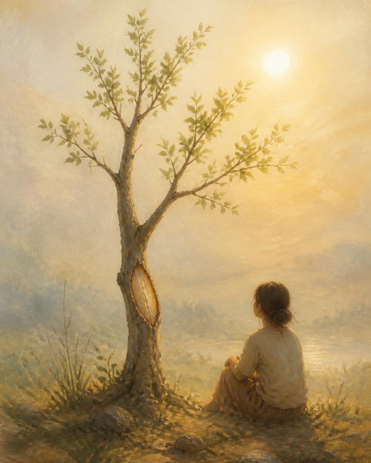 Trauma psicologico: illustrazione simbolica di un albero con una cicatrice sul tronco che cresce verso la luce